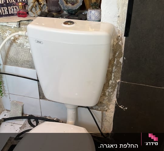 אסלה ומיכל הדחה בחדר אמבטיה עם כלים לניקוי